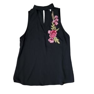 Candie's Black Chiffon Top with Embroidered Flowers
